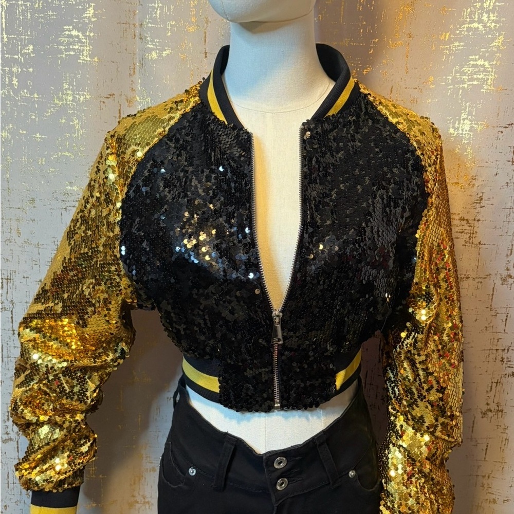 Sequin Bomber Jacket in Black and Gold - Picture 5 of 6